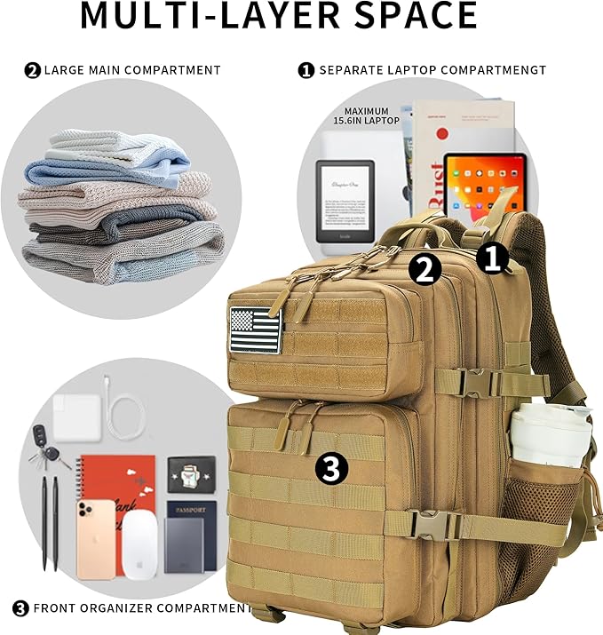 25L Military Tactical Backpack Small Army Assault Pack Molle Daypack for Men and Women for Work Travel Gym Outdoor Hiking Camping (Khaki)