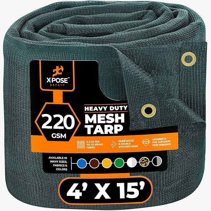 Xpose Safety Heavy Duty Green Mesh Tarp 4' x 15' – 70% Sunblock Shade Cloth with Grommets for Garden, Fence, Privacy Screen, Canopies, Dump Trucks, Pool Cover – Tear & Weather Resistant