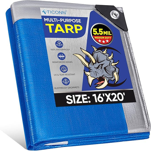 TICONN Heavy Duty Tarp Cover, Extra Thick Tarps Waterproof Tear and Rip Proof UV Resistant Tarpaulin with Reinforced Grommets and Edges (5.5 Mil, 16'x20')