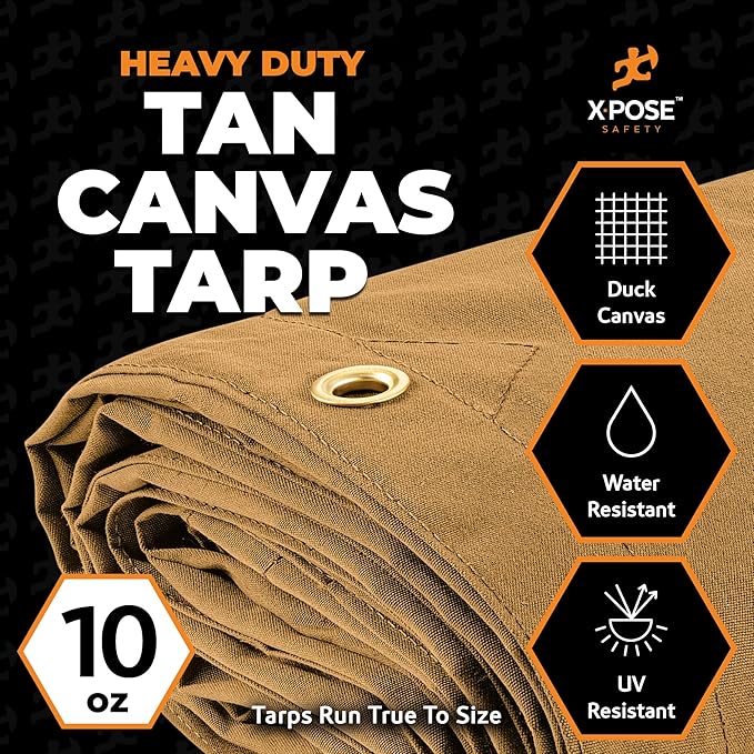 Xpose Safety Canvas Tarp - 10oz Tan Canvas Tarps Heavy Duty Water Resistant with Brass Grommets- Multipurpose Outdoor Tarpaulin for Camping, Canopy, Trailer, Equipment Cover 5' x 5'