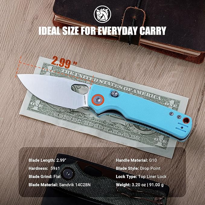 Vosteed Porcupine EDC Pocket Knife - 2.99" 14C28N Satin Blade - Top Liner Lock, Sky Blue G10 Handle - Camping, Hunting Knives - A2608