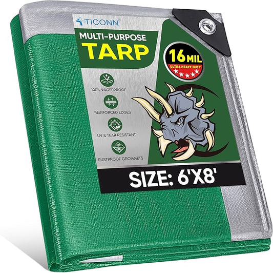 TICONN Heavy Duty Tarp Cover, Extra Thick Tarps Waterproof Tear and Rip Proof UV Resistant Tarpaulin with Reinforced Grommets and Edges (16 Mil, 6'x8')
