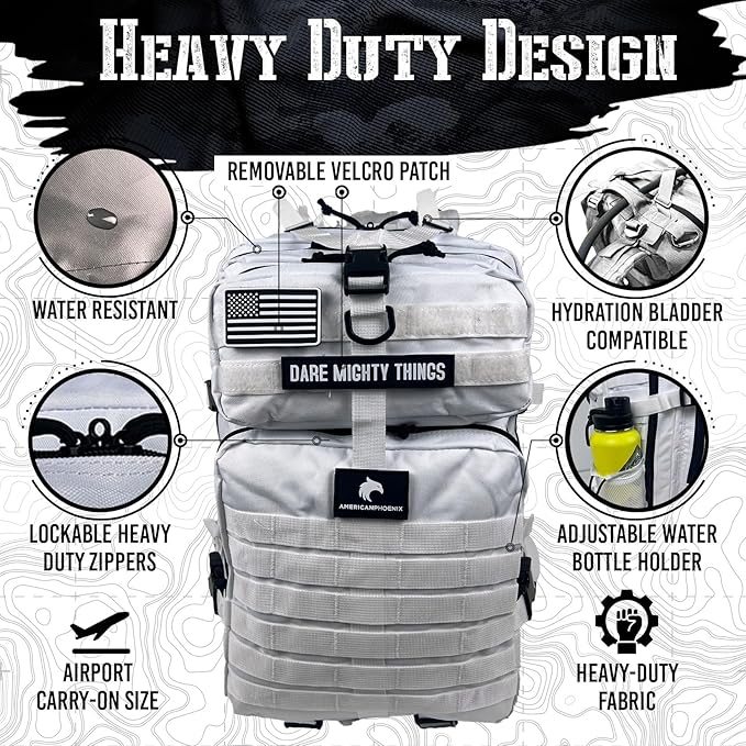 AMERICANPHOENIX 45L Elite Tactical Backpack | 3X Stronger Work & Military Backpack | Water Resistant and Heavy Duty | 3 Day MOLLE Bug Out Bag (Polar White)
