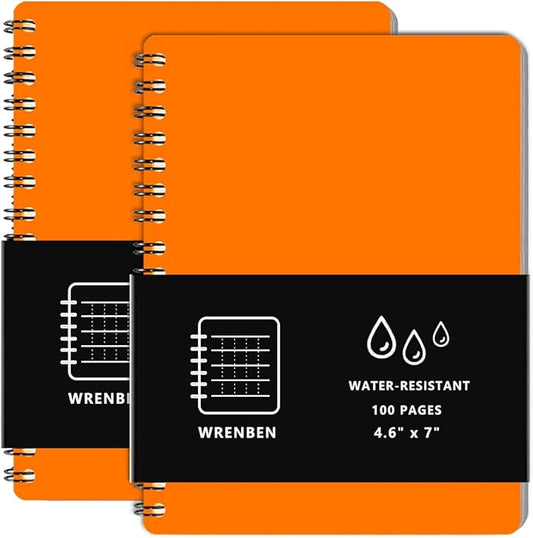 2PCS Waterproof Spiral Notebooks with Stone Paper and Hard Cover, 100 Pages Per Weatherproof Notepad A6 for Outdoor Field, Grid Pattern (4.8"x7", Orange)