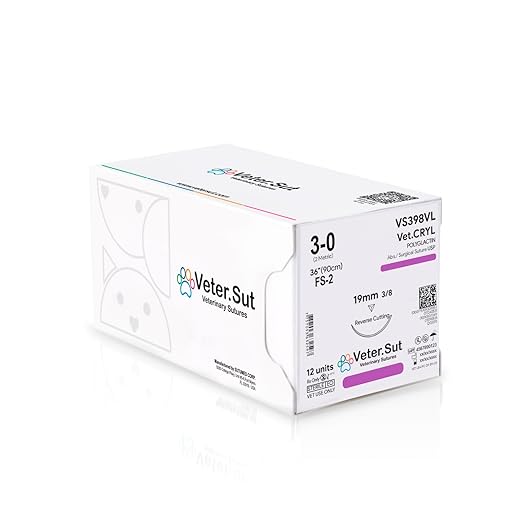 VeterSut VetCRYL Absorbable Surgical Suture USP Size 3-0, (FS-2) 3/8 19mm Reverse Cutting Needle, 36 Inches (90 cm), 12 Count, Veterinary Use