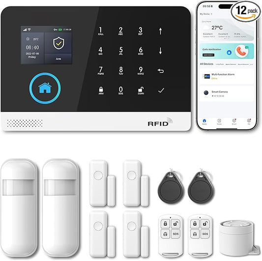 Alarm System for Home Security, Smart Home Security System,12-Piece Kit (Alarm Siren, Door Window Sensor, Remote),WiFi Phone Alert,Work with Alexa, No Monthly Fee,for House Apartment Office
