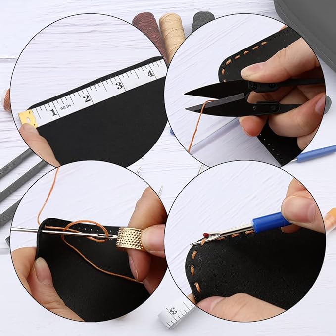 Yizzvb 46 Pcs Leather Stitching Sewing Kit,Sewing Tools Kit with 4mm Lacing Stitching Chisel, Waxed Thread and Large-Eye Needles for Leather Craft Projects DIY Sewing Work