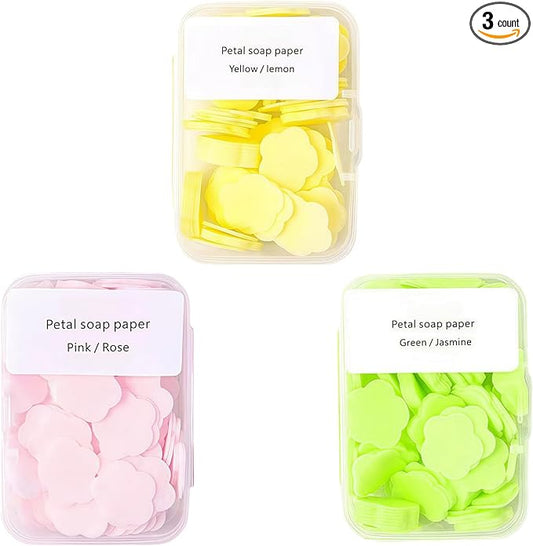 3 Boxes 300Pcs Portable Hand Washing Soap Sheets, Different Scented Mini Petal Hand Wash Soap Sheets, Disposable Soluble Soap for Outdoor Travel, Camping, Hiking