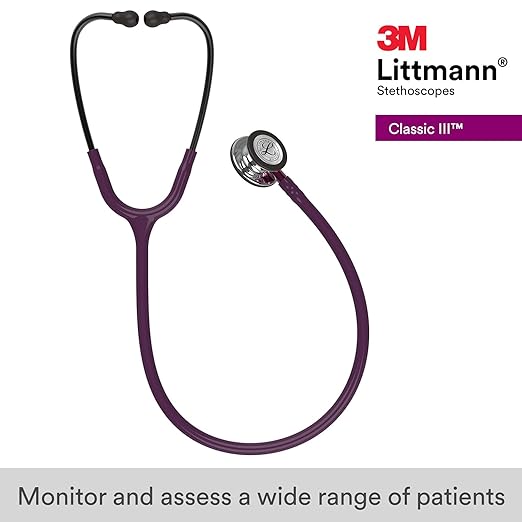 3M Littmann Classic III Monitoring Stethoscope, 5960, More Than 2X as Loud, Weighs Less, Stainless Steel Mirror-Finish Chestpiece, 27" Plum Tube, Pink Stem, and Smoke Headset