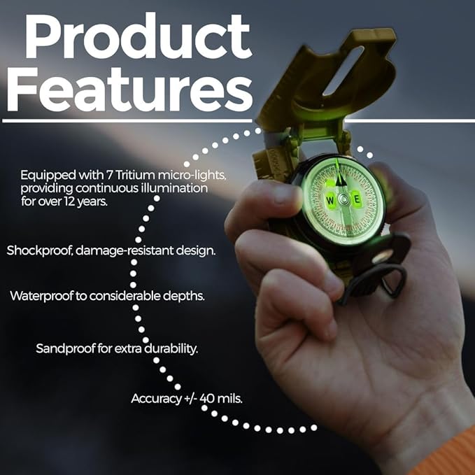 Cammenga Official US Military Tritium Lensatic Compass, Accurate Waterproof Hand Held Compasses with Pouch for Hiking Camping Navigation Survival Backpacking Orienteering