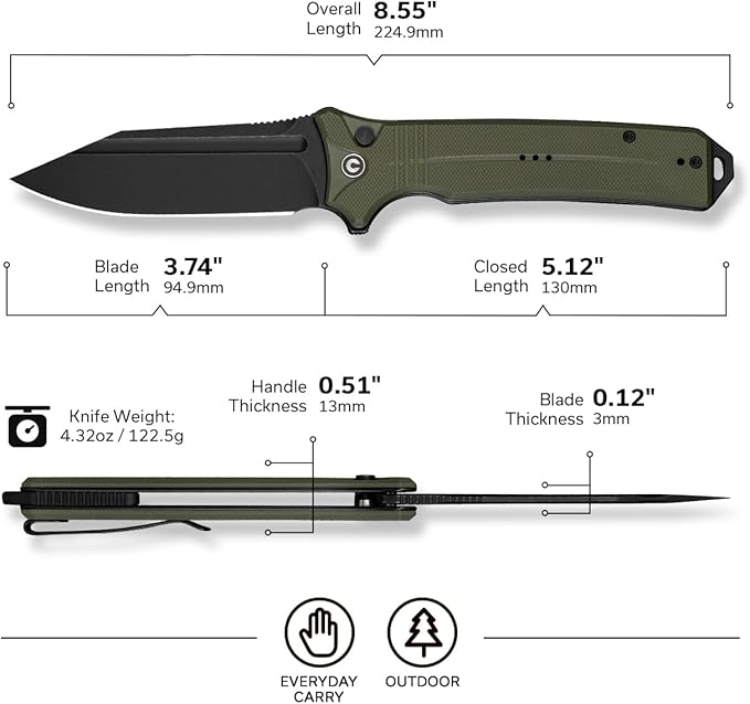 CIVIVI Neurohaptic Pocket Knife for EDC, Folding Knife with 3.74'' Nitro-V Blade G10 Handle, Reversible Clip, Gift for Men Women C23080-3