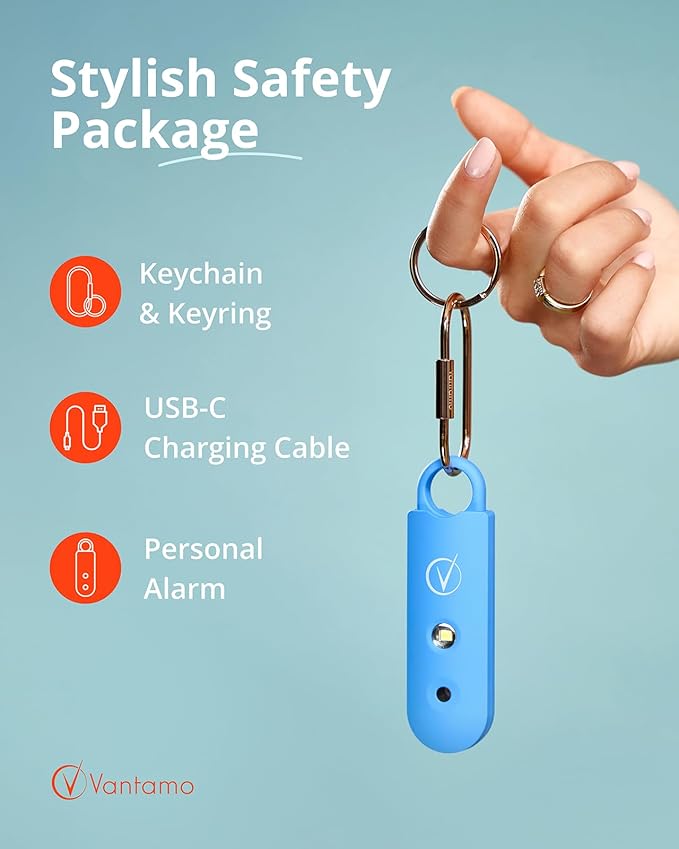 Vantamo Personal Alarm for Self Defense with Low Battery Notice, Strobe Light & Extra Loud 130 dB Double Speakers Safety Keychain Set for Women, Rechargeable Panic Button for Womens Self Defense