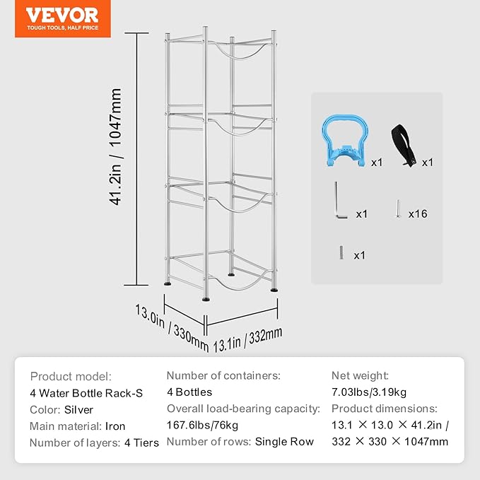 VEVOR 5 Gallon Water Jug Holder, 4 Tiers Water Bottle Holder, Heavy Duty Water Bottle Rack with 4 Slots, Detachable Water Jug Stand for Kitchen, Office, Living Room- Silver