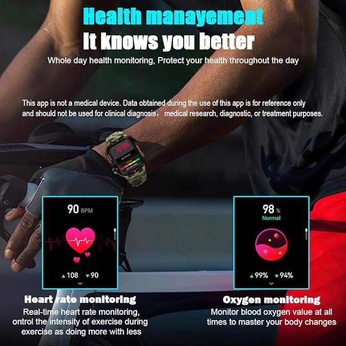 QTLLBT Men's Military Smart Watch HD LED Altimeter Barometer Fitness Tracker Sports Watch with Heart Rate SpO2 Pressure Sleep Monitoring Function Men Women Watch