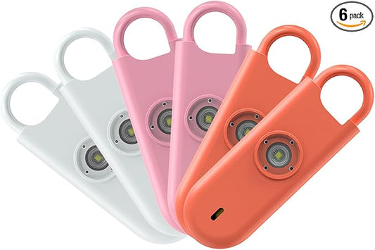 140dB Personal Safety Alarm for Women, 6 Pack Safe Alarm Protection Keychain with Strobe Light & Low Battery Notice, Security Siren Self Defense for Seniors College Girls(White+Pink+Orange)