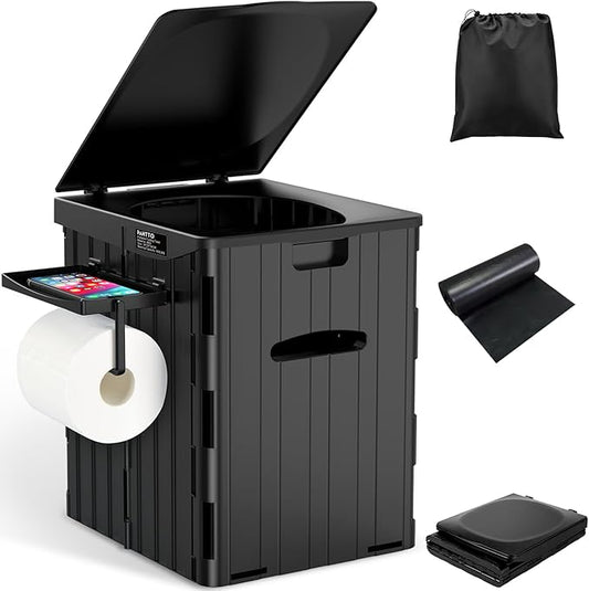 XL Portable Toilet for Adults, 15.4" H Foldable Camping Toilet with Detachable Phone Shelf and Toilet Paper Holder, Waterproof Porta Potty with Lid for Hiking, Long Road Trips, Car