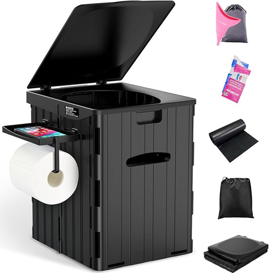 XL Portable Toilet for Adults, 15.4" H Foldable Camping Toilet with Detachable Phone Shelf and Toilet Paper Holder, Waterproof Porta Potty with Lid for Hiking, Long Road Trips, Car