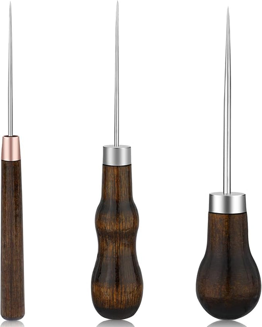 ZXIIXZ 3 Pack Leather Scratch Awl Tool, Awl Tool Sewing with Gourd Shape Wooden Handle for Stitching Punching Sewing, Scratch Awl Tool Supplies for DIY Leather Sewing Punching Craft Repair