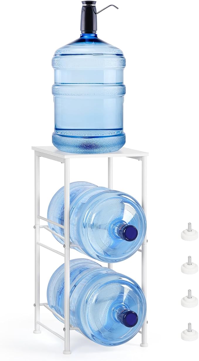 5 Gallon Water Jug Holder Water Dispenser Stand with Top Shelf, 5 Gal Water Bottle Holder with 2 Slots Round Metal Frame for Kitchen, Dining Room, Office, White