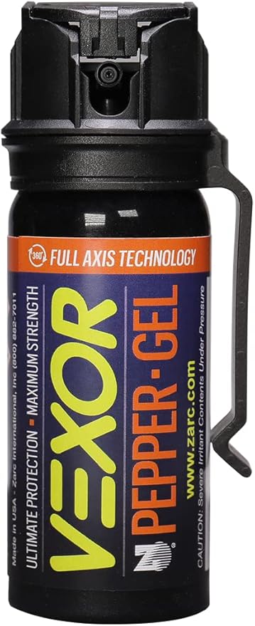 VEXOR Pepper Gel from Zarc, Maximum Strength Police Pepper Spray, Gel is The Future, Full Axis Technology Shoots from Any Angle 18-feet, Flip-top Safety