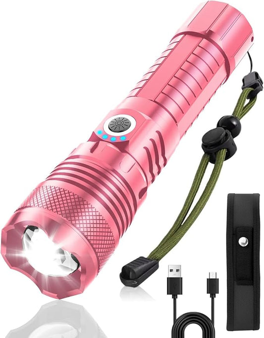 Victoper Pink LED Flashlights, High Powered High Lumens Super Bright Tactical Flashlight, Rechargeable, 5 Modes Zoomable Waterproof Flash Lights for Emergency, Home, Camping, Hiking