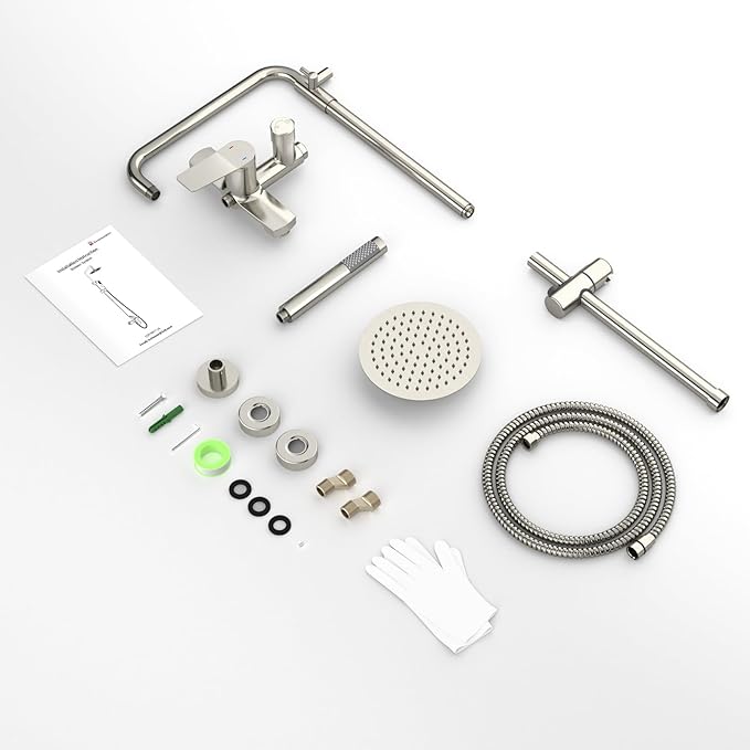 Rainsworth Outdoor Shower Kit Brushed Nickel - Single Handle Brass Valve, 8 Inch Rain Shower Head and Handheld Spray Shower Fixture Combo, SUS 304 Stainless Steel Wall-Mounted Faucet