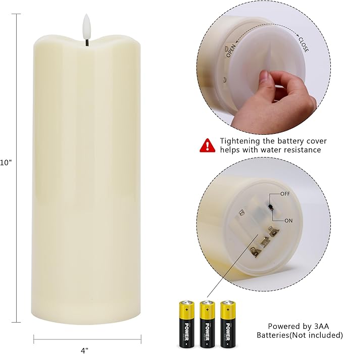4" x10" Outdoor Flameless Candles Waterproof, Large Battery Operated Candles with Remote, Plastic Flickering LED Candles for Garden Patio Porch Home Party, Ivory 1Pack