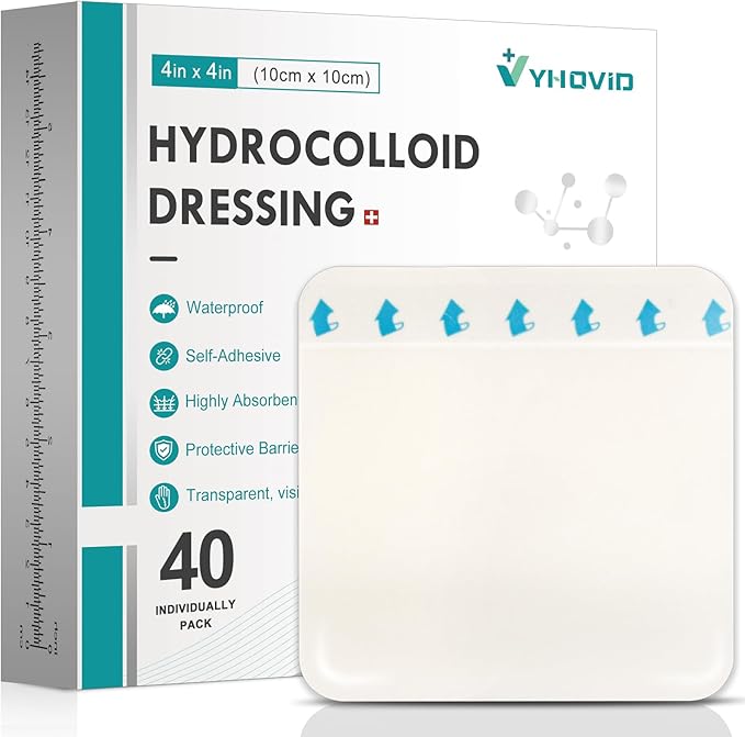 40 Pack Hydrocolloid Wound Dressing 4" x 4", Hydrocolloid Patch Bandages with Self-Adhesive, Bed Sore Bandages, Highly Absorbent for Burn, Blister, Acne Care, Sterile and Waterproof