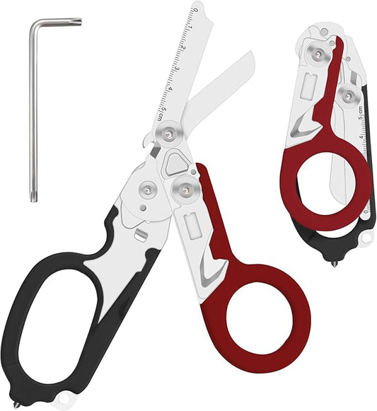 6 in 1 Multifunctional Combination Tool, Folding Retractable Emergency Shears, Outdoor Camping Tools, Seat Belt Cutter, Oxygen Cylinder Wrench, Complimentary Adjustable Wrench (dark red)