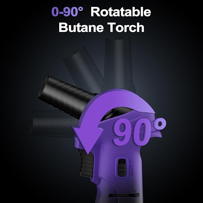 Butane Torch Lighter, 0-90°Rotating Angle Butane Lighter, Refillable Kitchen Torch with Safety Lock, Adjustable Flame for Soldering (Purple and Black)