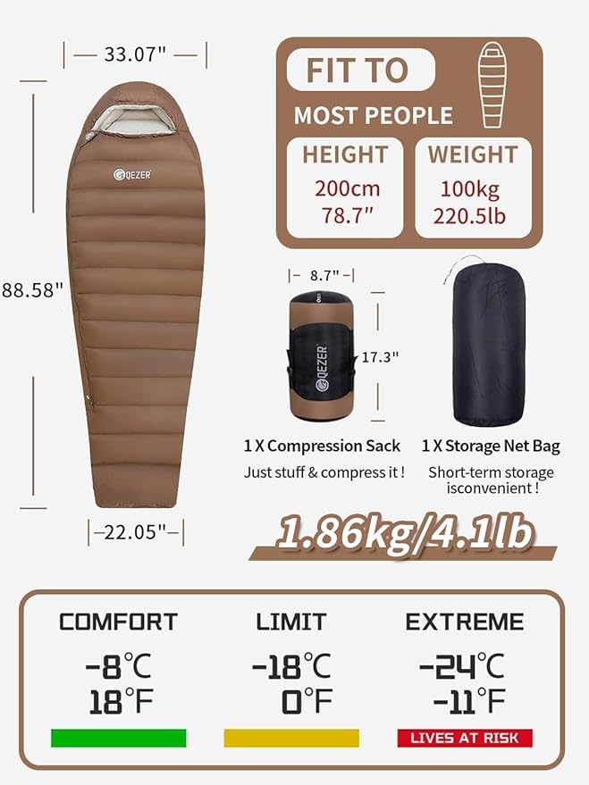0 Degree Sleeping Bag for Adults - 660 Fill Power Down Bag for Cold Weather -20F / -8F / 0F / 10F Large Lightweight