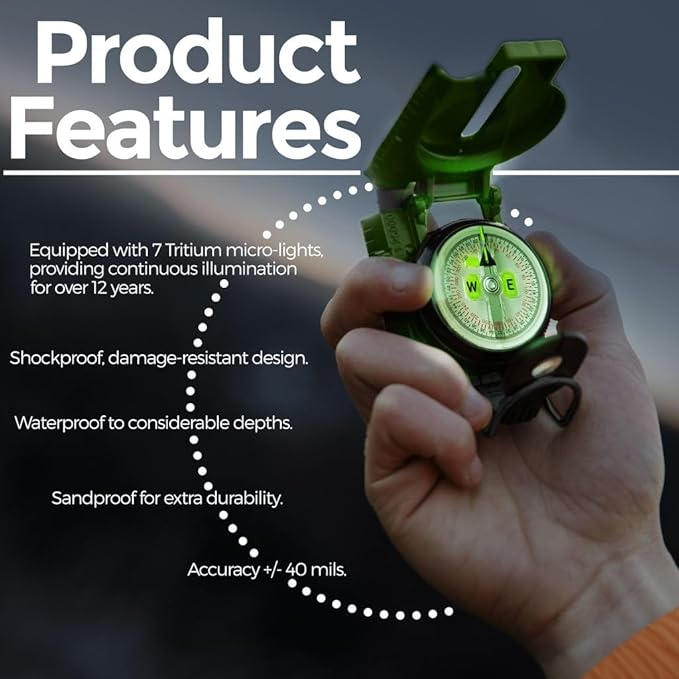 Cammenga Official US Military Tritium Lensatic Compass, Accurate Waterproof Hand Held Compasses with Pouch for Hiking Camping Navigation Survival Backpacking Orienteering