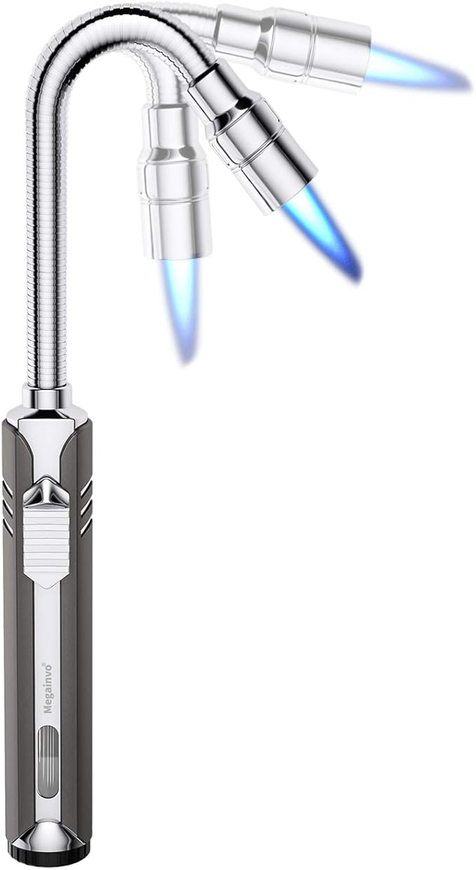 Butane Lighter Torch Long Lighter Refillable Adjustable Jet Flame Lighter Windproof Flexible with Visual Fuel Window Blow Torch for Stove BBQ Grill Fireplace Camping Kitchen (No Gas Include) - Grey