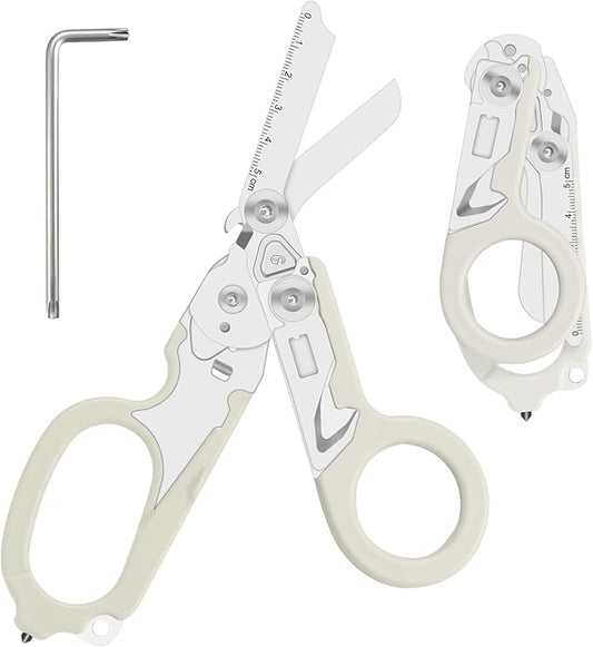 6 in 1 trauma shears, folding emergency shear, Outdoor Camping Tools, Seat Belt Cutter, Oxygen Cylinder Wrench, Complimentary Adjustable Wrench (Luminous Silver)