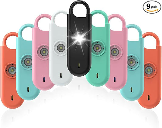 140dB Personal Safety Alarm for Women, 9 Pack Safe Alarm Protection Keychain with Strobe Light & Low Battery Notice, Security Siren Self Defense for Kids Seniors College Girls