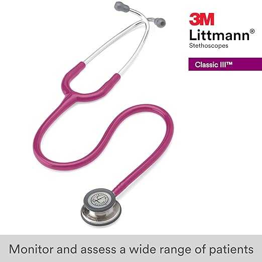 3M Littmann Classic III Monitoring Stethoscope, 5648, More Than 2X as Loud, Weighs Less, Stainless Steel Chestpiece, 27" Raspberry Tube