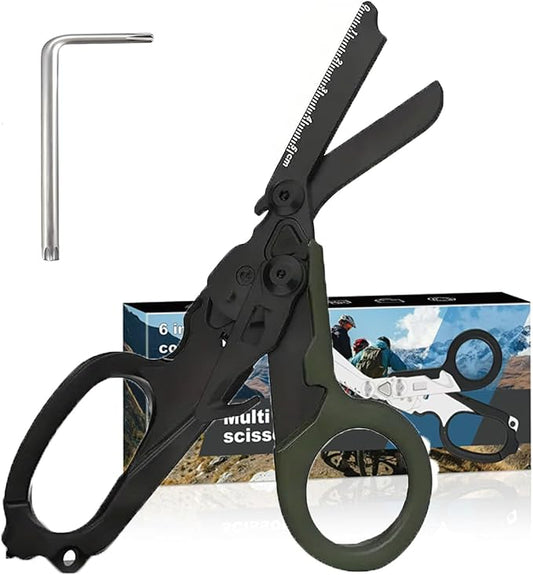 6 in 1 trauma shears, folding emergency shear, Outdoor Camping Tools, Seat Belt Cutter, Oxygen Cylinder Wrench, Complimentary Adjustable Wrench (Electroplating Black Army Green)