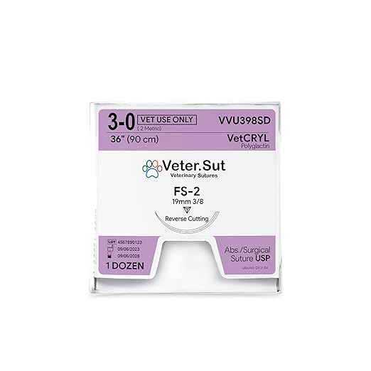 VeterSut VetCRYL Absorbable Surgical Suture USP Size 3-0, (FS-2) 3/8 19mm Reverse Cutting Needle, 36 Inches (90 cm), 12 Count, Veterinary Use