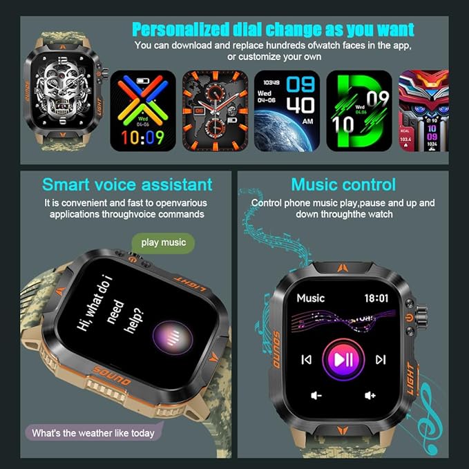 QTLLBT Military Outdoor Watch Altimeter Barometer Compass Tactical Smart Fitness Watch Heart Rate Sleep Monitor 100+ Sport Modes Fitness Available for Android and iOS (Camouflage Yellow)