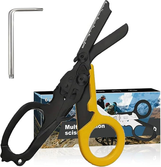 6-in-1 Trauma Clipper, Folding Emergency Clipper, Outdoor Camping Tool, Seat Belt Cutter, Oxygen Cylinder Wrench, Free Adjustable Wrench (Yellow Black Handle)
