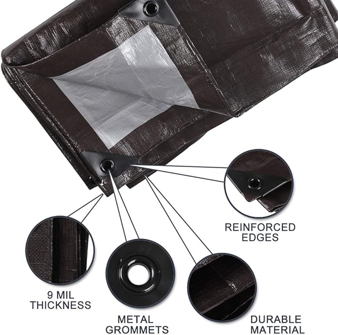 Waterproof Tarp Heavy Duty 9 Mil Thick Material - 10 x 12 Feet, Brown Sliver