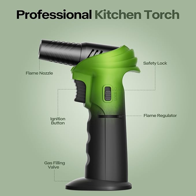 Butane Torch Lighter, 0-90°Rotating Angle Butane Lighter, Refillable Kitchen Torch with Safety Lock, Adjustable Flame for Soldering (Green and Black)