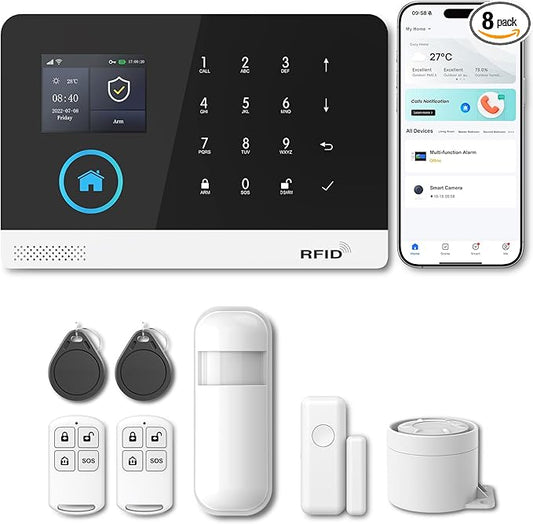 Alarm System for Home Security, Smart Home Security System,8-Piece kit (Alarm Siren, Door Window Sensor, Remote),WiFi Phone Alert,Compatible with Alexa, No Monthly Fee