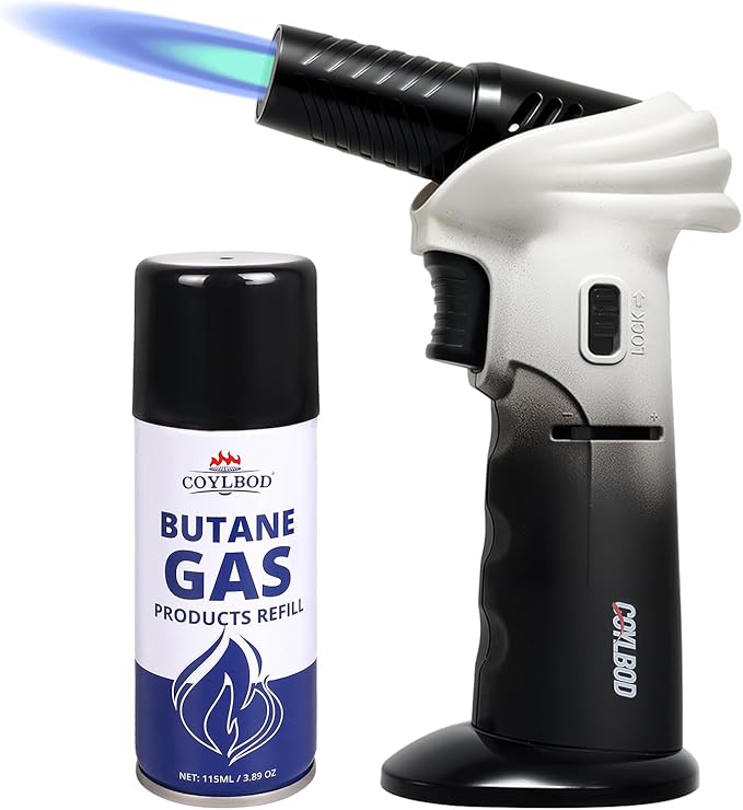 Butane Torch Lighter with Butane Included, 115Ml Butane Refill, 0-90°Rotating Angle Kitchen Torch, Refillable Creme Brulee Torch with Safety Lock, Adjustable Flame for Soldering, Cooking.