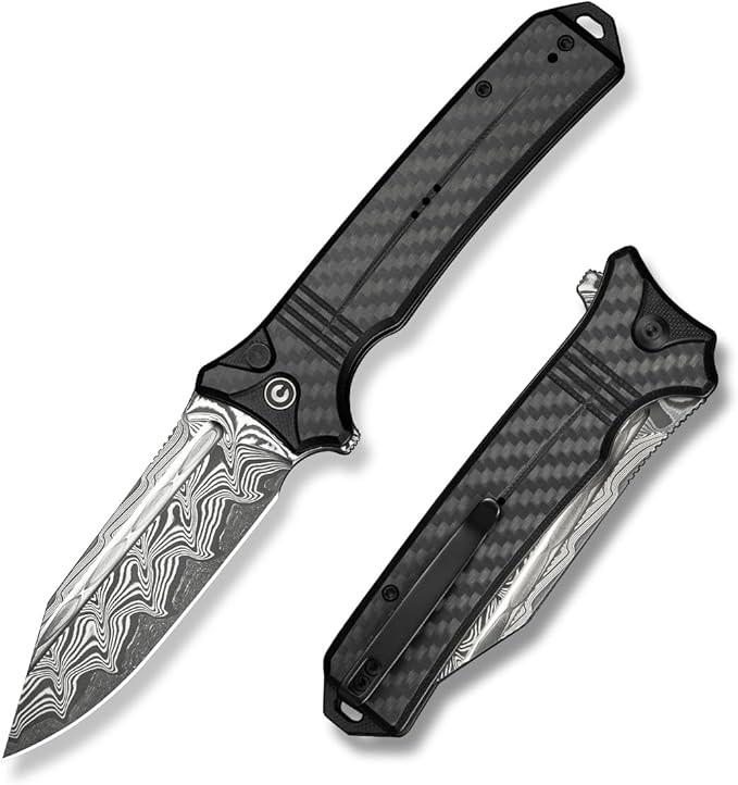 CIVIVI Neurohaptic Pocket Knife for EDC, Folding Knife with 3.74'' Damascus Blade Carbon Fiber & G10 Handle, Reversible Clip, Gift for Men Women C23080-DS1