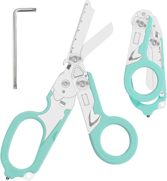 6-in-1 heavy-duty/trauma shears, Folding Retractable Emergency Shears, Outdoor Camping Tools, Seat Belt Cutter, Oxygen Cylinder Wrench, Complimentary Adjustable Wrench (Aqua blue)