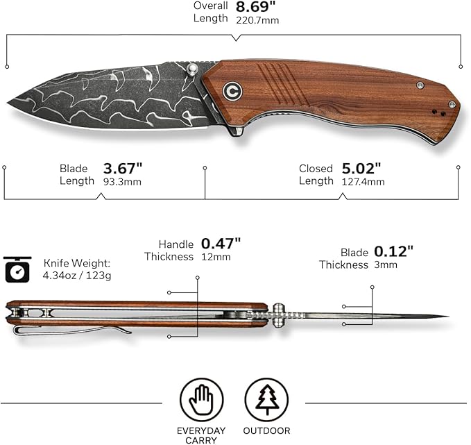 CIVIVI Placoid Pocket Knife for EDC, Folding Knife with 3.67" Damascus Blade Guibourtia Wood Handle For Men Women Gift C23079-DS1