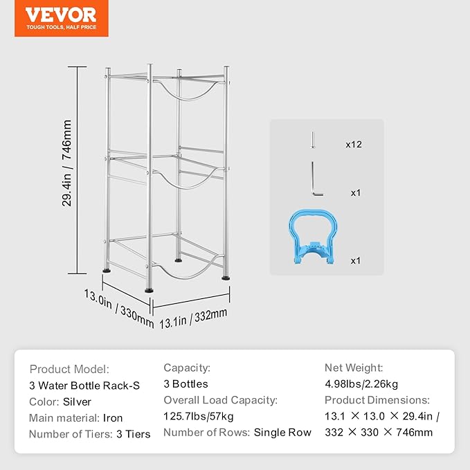VEVOR 5 Gallon Water Jug Holder, 3 Tier Water Bottle Rack with 3 Slots, Detachable Stand for Kitchen, Office, Living Room - Silver