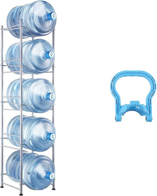 VEVOR 5 Gallon Water Jug Holder, 5 Tiers Water Bottle Holder, Heavy Duty Water Bottle Rack with 5 Slots, Detachable Water Jug Stand for Kitchen, Office, Living Room- Silver
