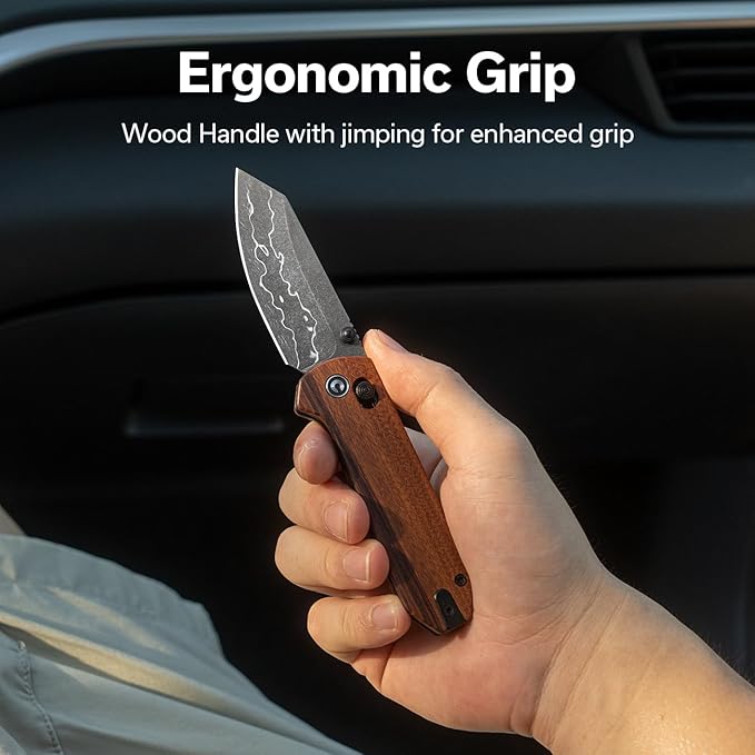CIVIVI Yonder Folding Pocket Knife for EDC, Crossbar Lock Knife with 2.88" Damascus Blade Wood Handle, Lightweight Knife Gifts for Men Women Camping Hiking, Designed by Zac Whitmore C23073B-DS1